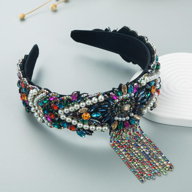 Luxury diamond tassel glass crystal statement baroque wedding headband