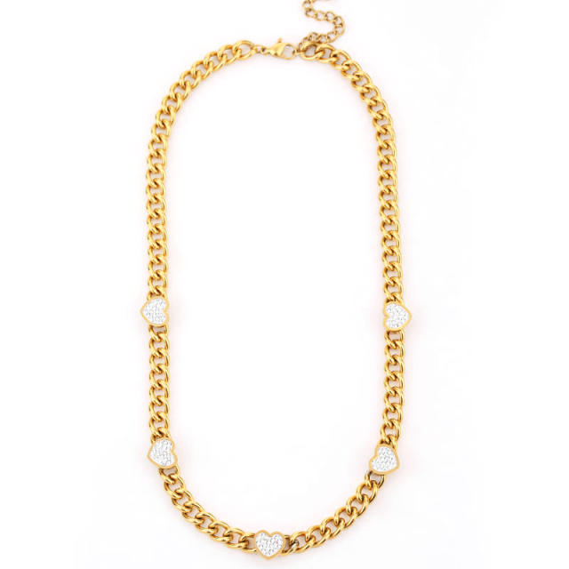 14K diamond heart stainless steel cuban link chain necklace set