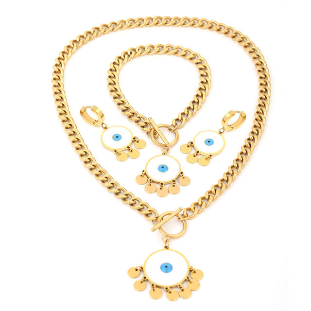 Classic evil eye cuban link chain stainless steel necklace set