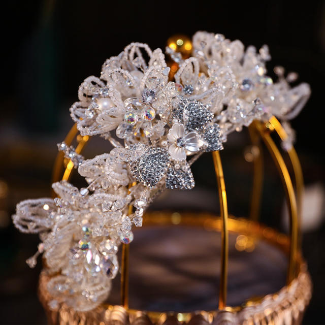 Luxury gold color handmade diamond flower bow wedding hair crown