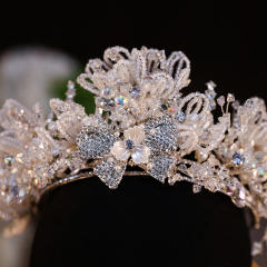 Luxury gold color handmade diamond flower bow wedding hair crown