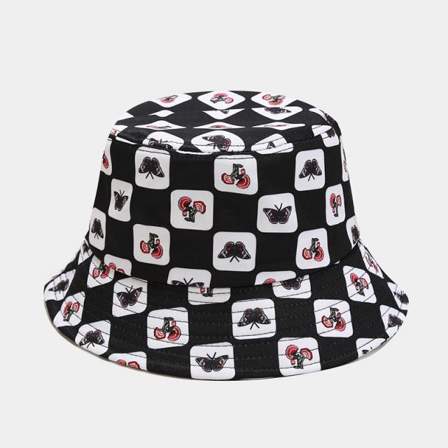 Personaity black white checkered graphic pattern bucket hat