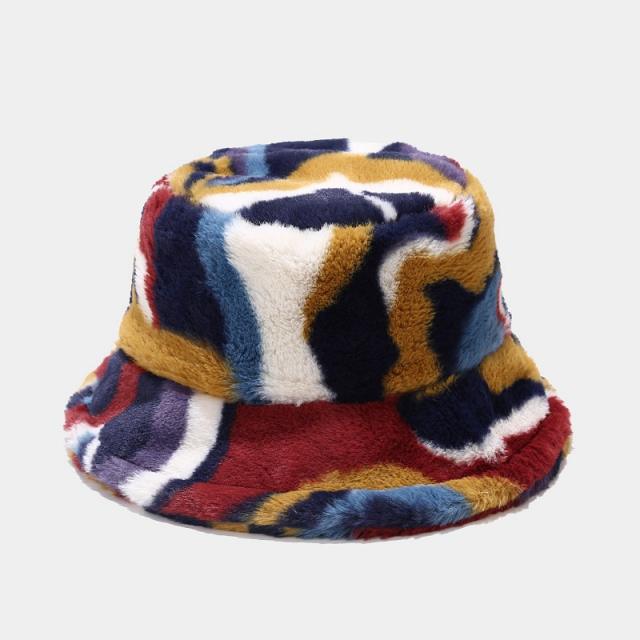 Occident fashion winter fluffy color painting pattern bucket hat