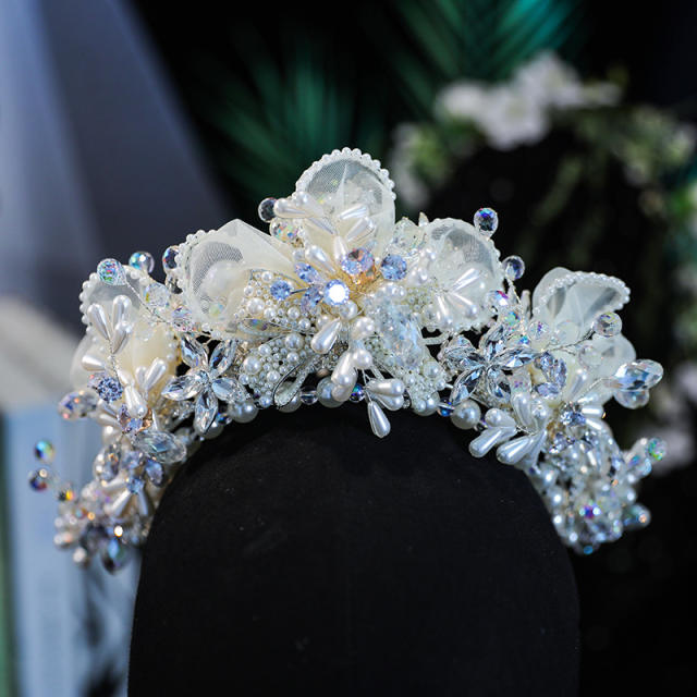 Luxury organza flower crystal bead pearl wedding hair crown