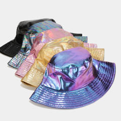 Hiphop PU leather laser color bucket hat