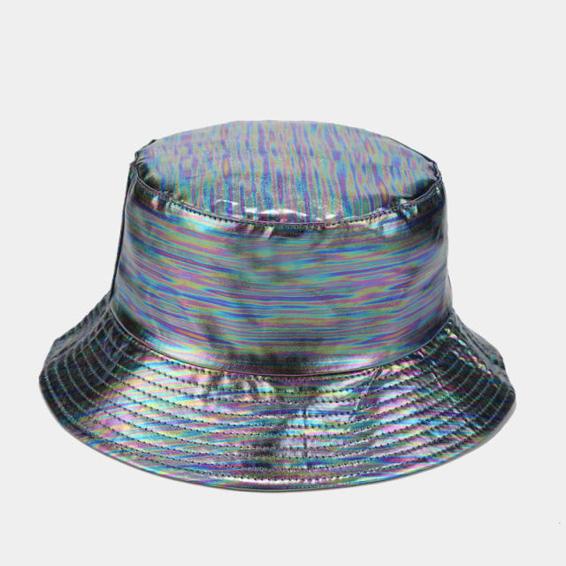 Hiphop PU leather laser color bucket hat