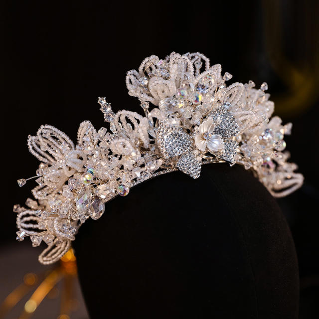 Luxury gold color handmade diamond flower bow wedding hair crown