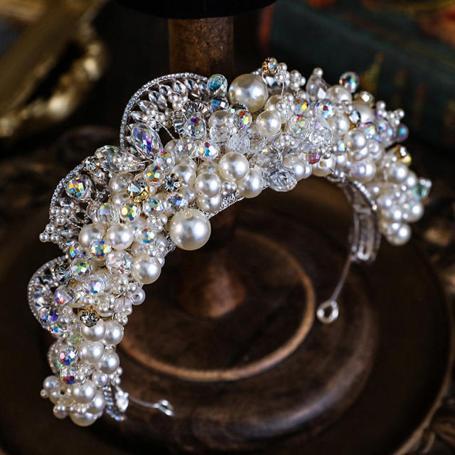Luxury baroque pearl crystal stone shiny wedding hair crown
