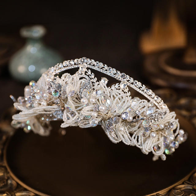 Luxury handmade braid bead flower wedding hair crown