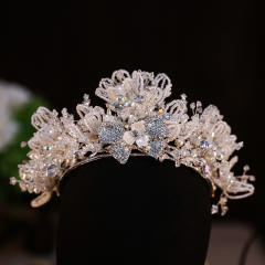 Luxury gold color handmade diamond flower bow wedding hair crown