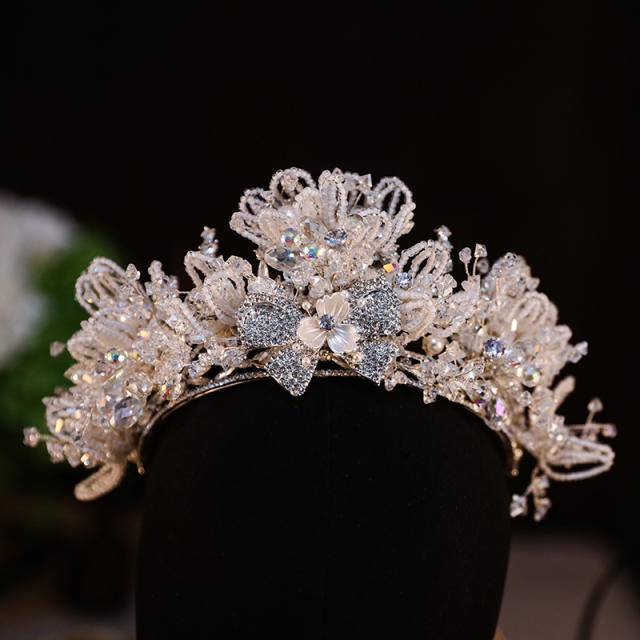 Luxury gold color handmade diamond flower bow wedding hair crown