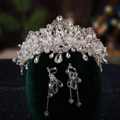 Luxury crystal drop head tassel wedding hair crown earrings set