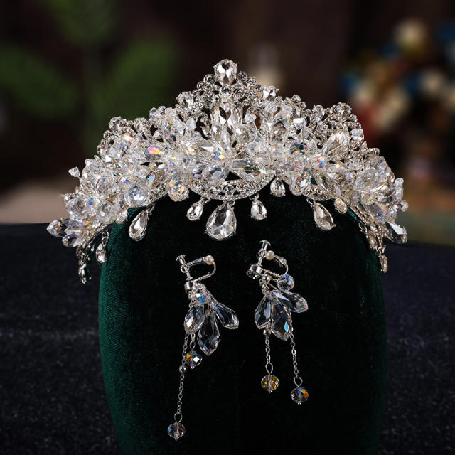 Luxury crystal drop head tassel wedding hair crown earrings set