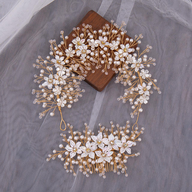 Handmade pearl bead flower wedding hair pieces for bridal