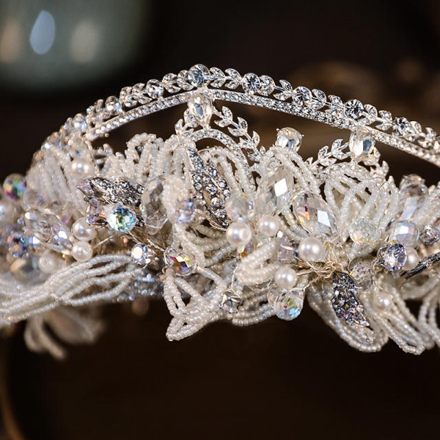 Luxury handmade braid bead flower wedding hair crown