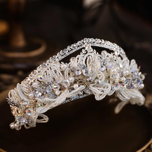 Luxury handmade braid bead flower wedding hair crown