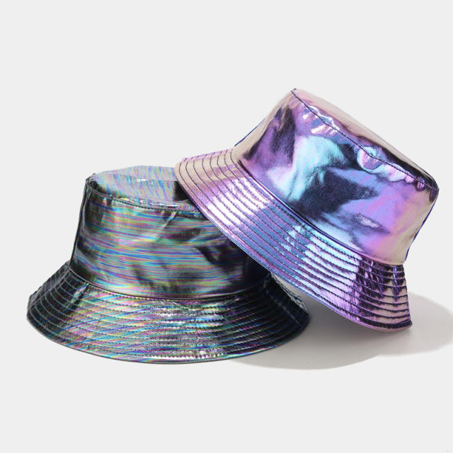 Hiphop PU leather laser color bucket hat