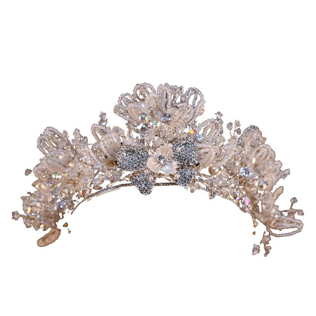 Luxury gold color handmade diamond flower bow wedding hair crown