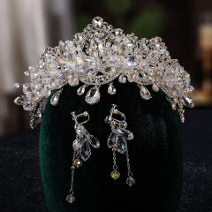 Luxury crystal drop head tassel wedding hair crown earrings set