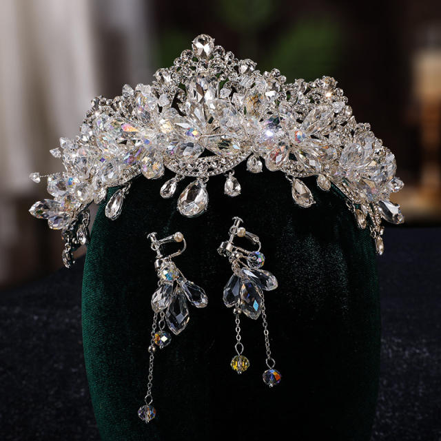 Luxury crystal drop head tassel wedding hair crown earrings set