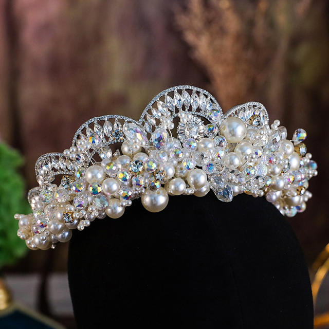 Luxury baroque pearl crystal stone shiny wedding hair crown