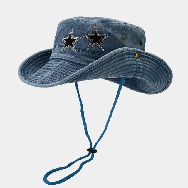 Creative diamond star cowboy denim fishing hat bucket hat