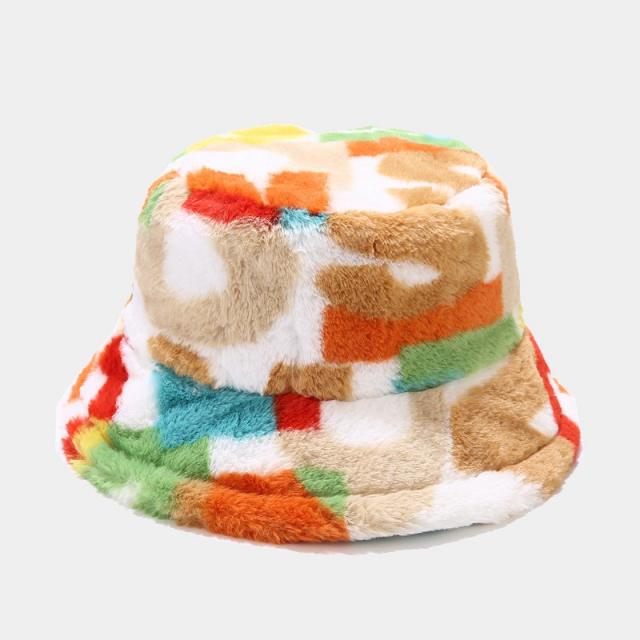 Occident fashion winter fluffy color painting pattern bucket hat