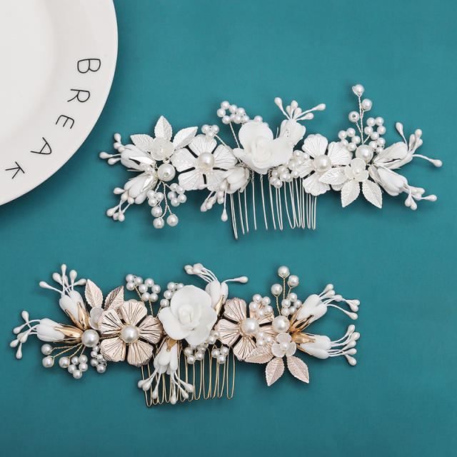 Handmade white ceramic flower pearl bead wedding hair combs
