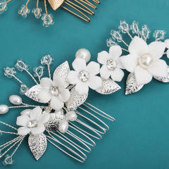 Delicate handmade white ceramic flower pearl bead bridal hair combs