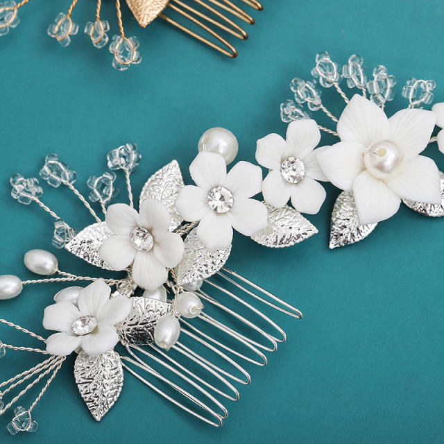 Delicate handmade white ceramic flower pearl bead bridal hair combs
