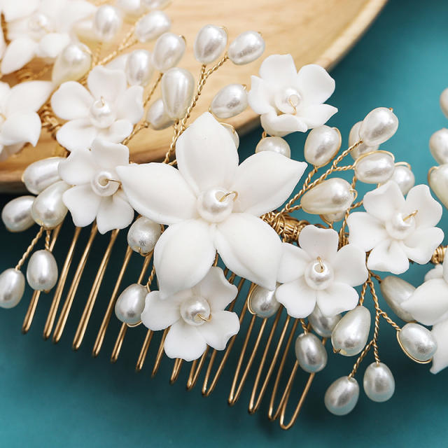 Handmade super pretty white ceramic flower wedding hair combs