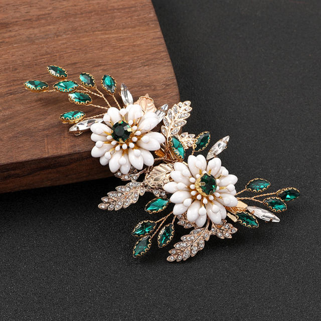 Creative green color rhinestone white ceramic flower wedding hair clips