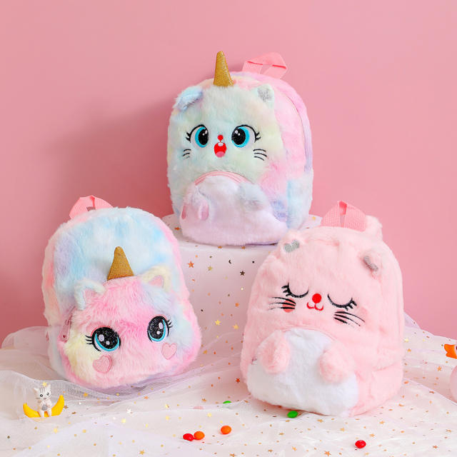 Cute tie dry pattern unicorn fluffy backpack for kids