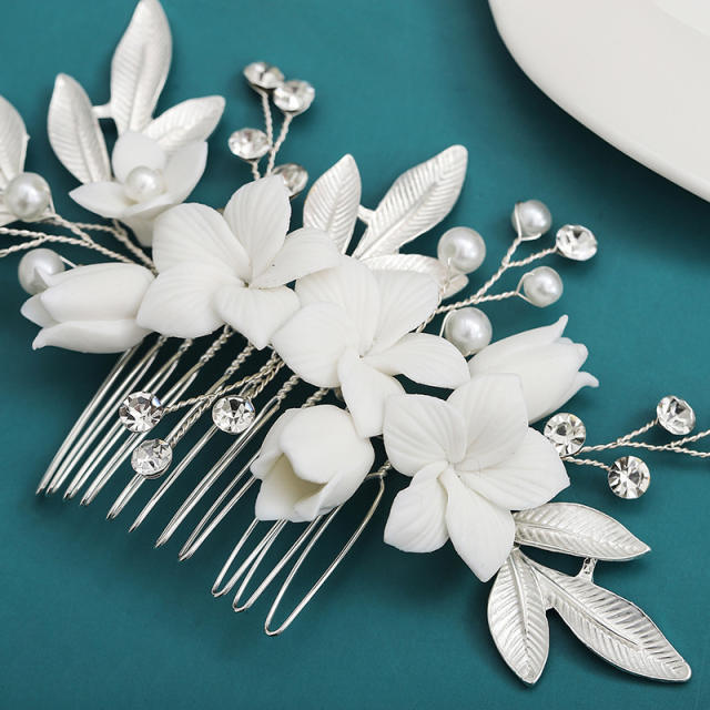 Delicate white ceramic flower handmade wedding hair combs