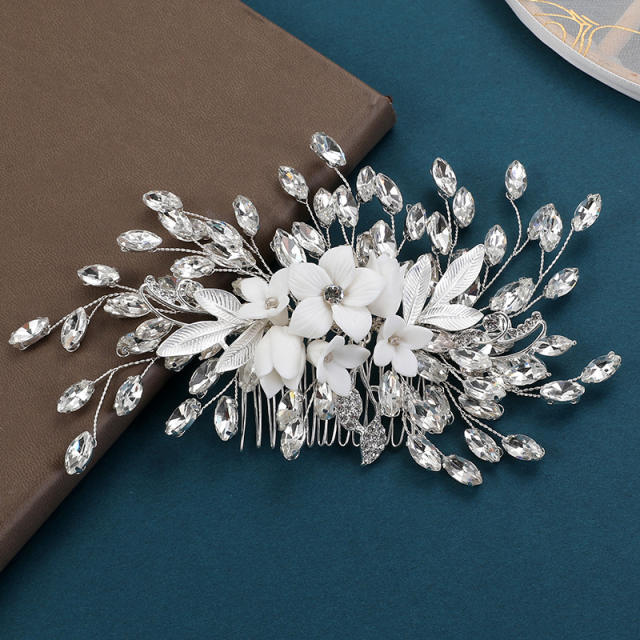 Handmade delicate diamond flower white ceramic bridal hair combs