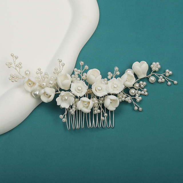 Pearl bead white ceramic flower handmade wedding hair combs