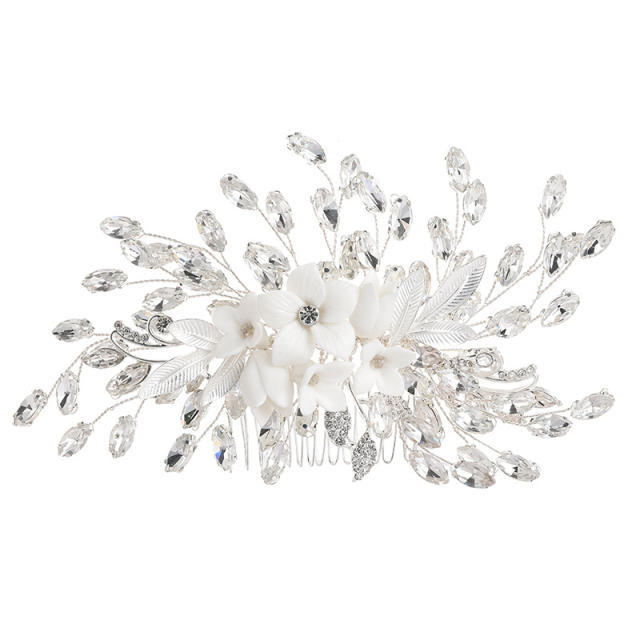 Handmade delicate diamond flower white ceramic bridal hair combs