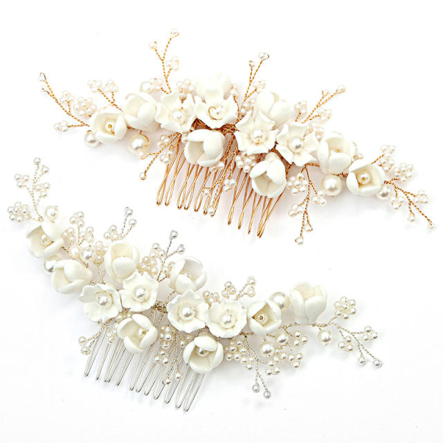 Pearl bead white ceramic flower handmade wedding hair combs