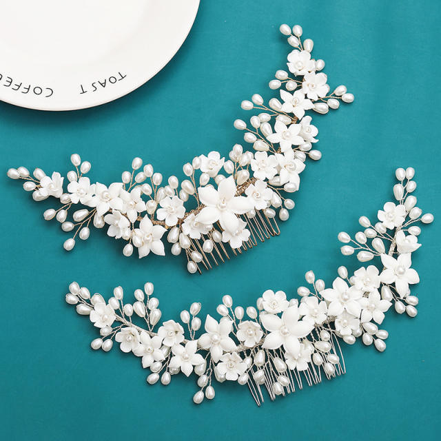Handmade super pretty white ceramic flower wedding hair combs
