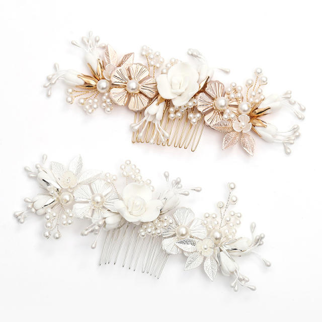 Handmade white ceramic flower pearl bead wedding hair combs