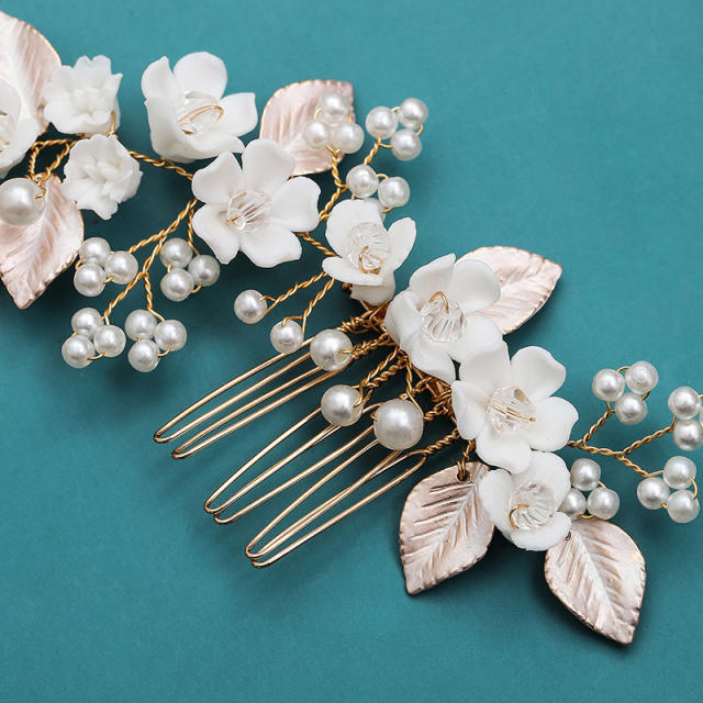 Handmade white ceramic metal leaf pearl hair combs for wedding