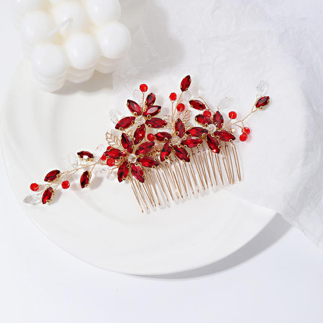 Delicate ruby red color cubic zircon party prom hair combs