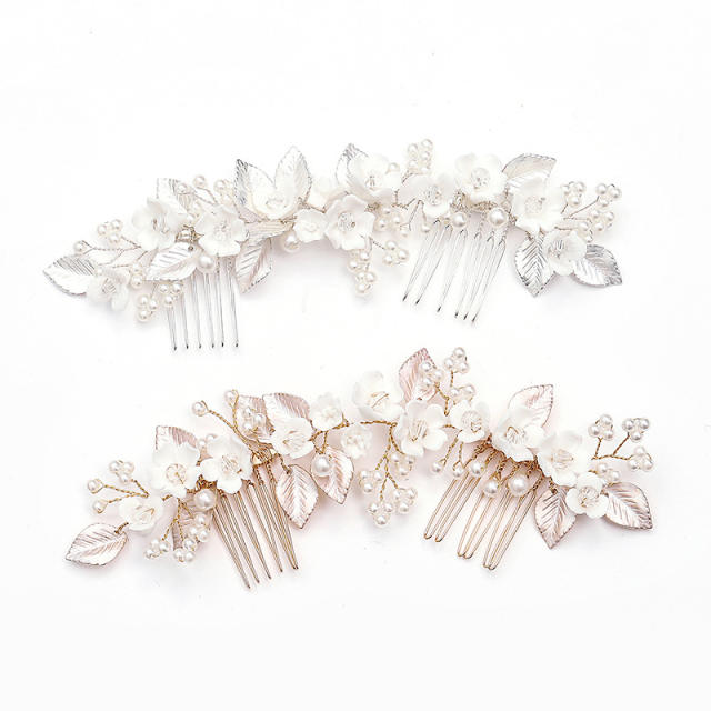 Handmade white ceramic metal leaf pearl hair combs for wedding
