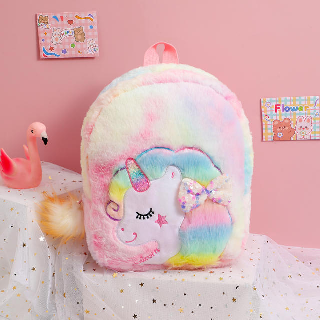 Cute cartoon rainbow unicorn fluffy backpack for kids