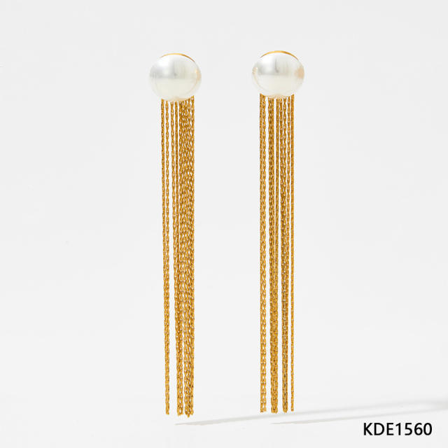 Elegant pearl chain tassel stainless steel earrings