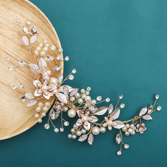 Handmade pearl bead metal flower leaf bridal hair clips