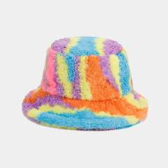 Winter rainbow pattern fluffy warm bucket hat