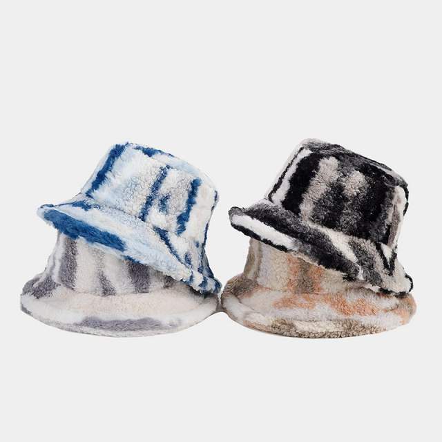 Winter rainbow pattern fluffy warm bucket hat