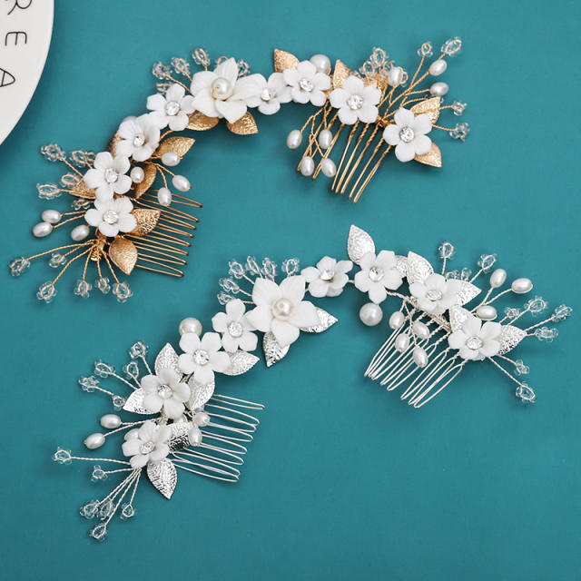 Delicate handmade white ceramic flower pearl bead bridal hair combs