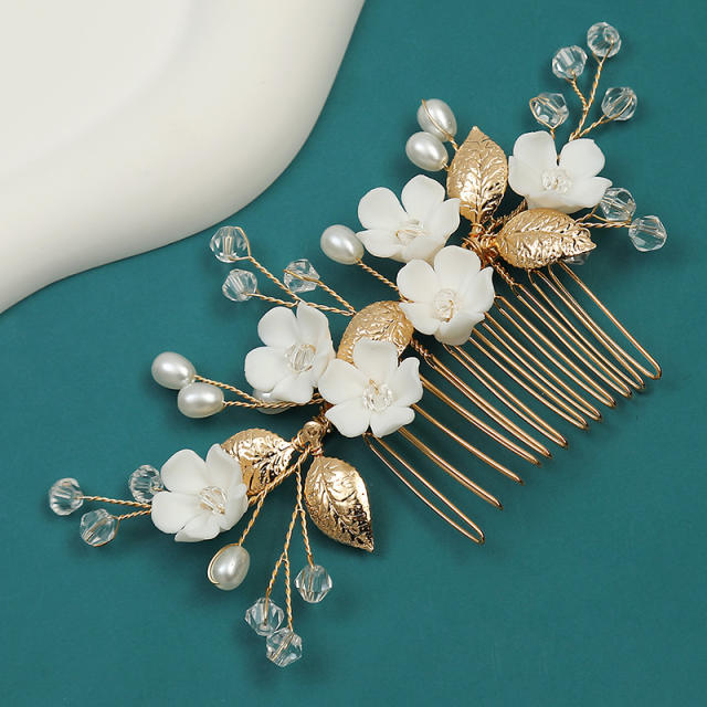 Boho gold color metal leaf white ceramic flower wedding hair combs